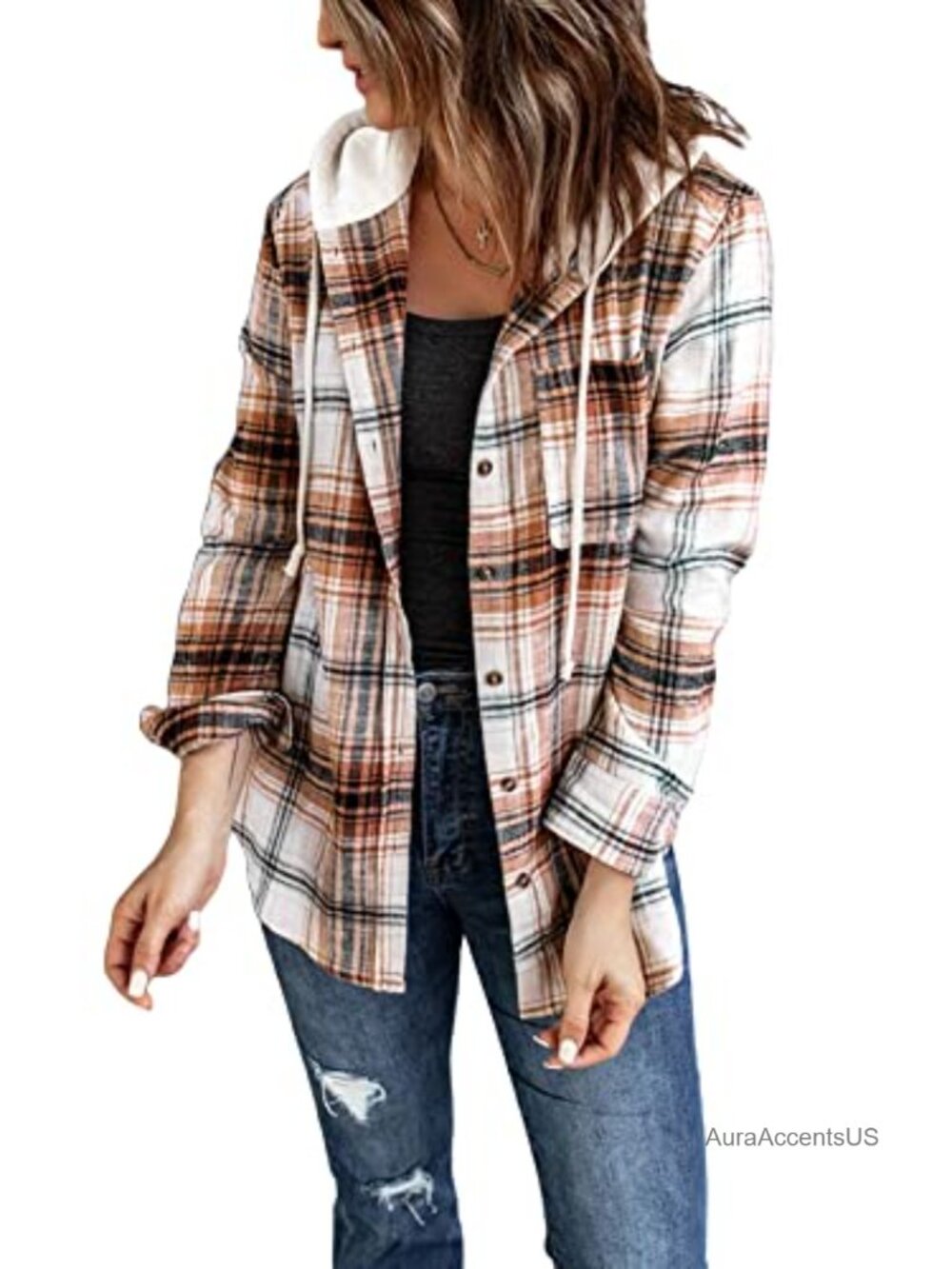 Women's Plaid Flannel Hoodie Shacket Long Sleeve Button Down Casual